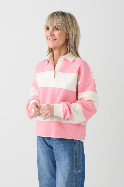 TSP Ecru/Flamingo Stripe Polo Sweatshirt