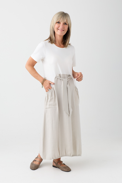 Naya Off White/Ash Contrast Tie Waist Dress