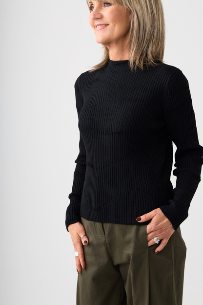 el2 Black Ribbed Detail Long Sleeve Top