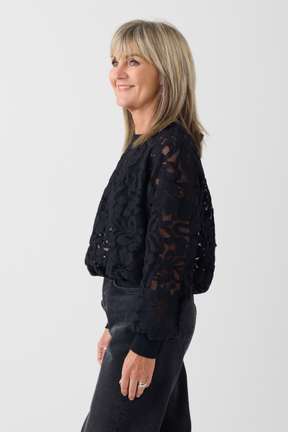 Oui Black Lace Detail Tie Neck Top