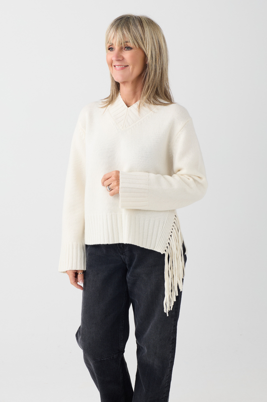 Mos Mosh Eshala Ecru Fringe V-Neck Jumper