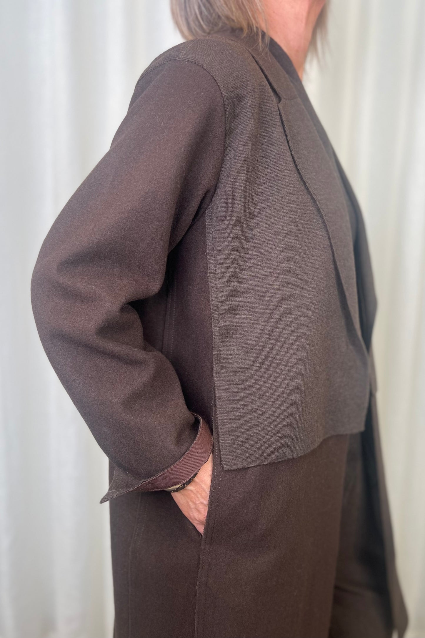 el2 Long Brown Jacket with Knit Overlayer