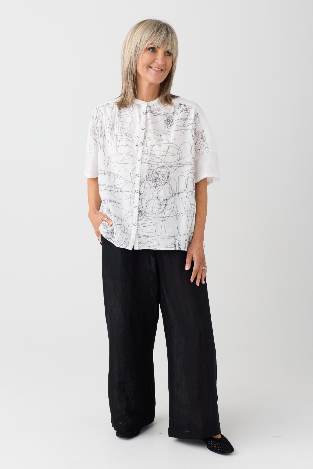 el2 White/Black Scribble Print Blouse 1050