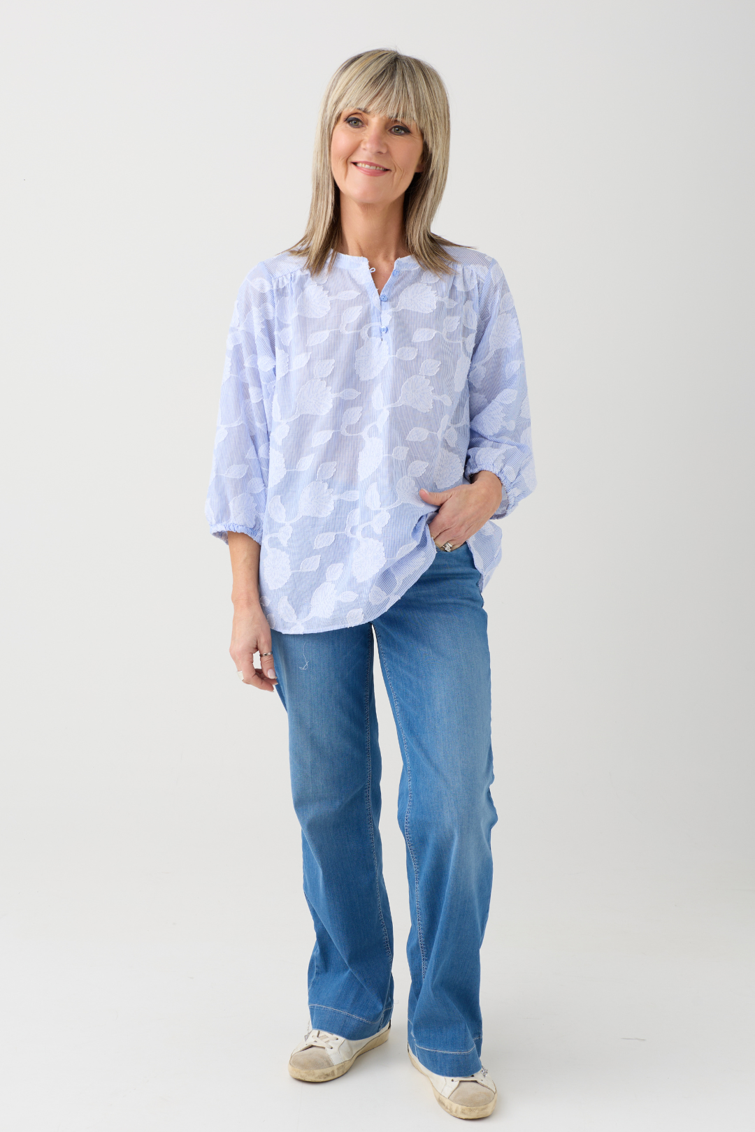 Milano Light Blue Stripe/Floral Print Blouse
