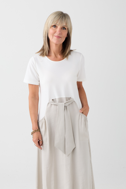 Naya Off White/Ash Contrast Tie Waist Dress