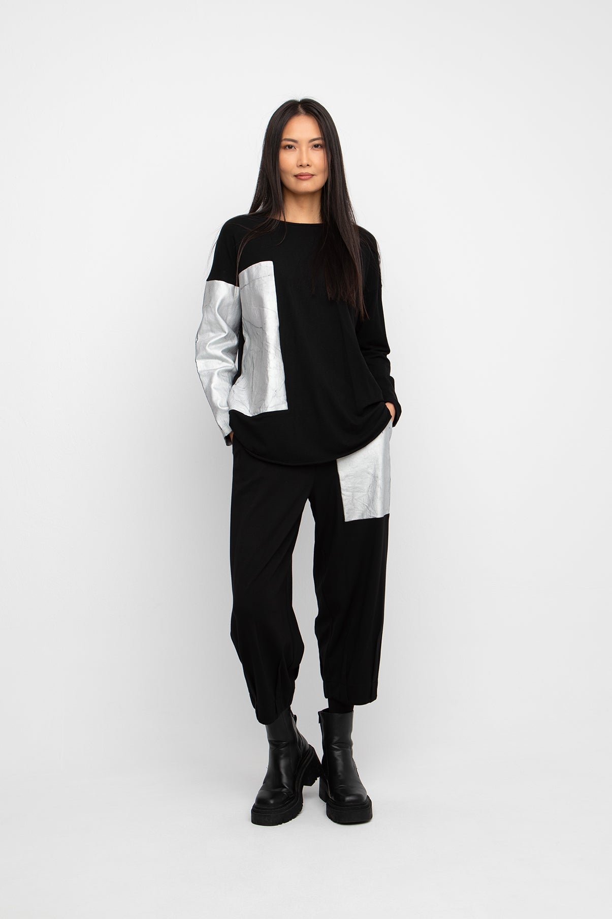 Ozai N Ku Black Contrast Sleeve Silver Panel Top