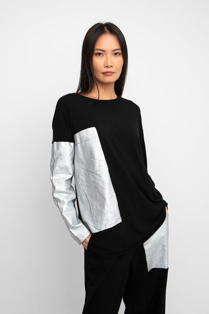 Ozai N Ku Black Contrast Sleeve Silver Panel Top