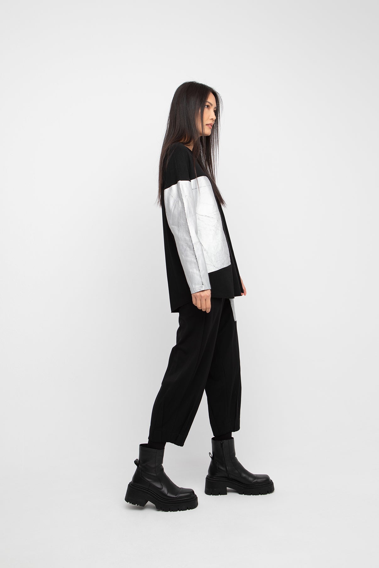 Ozai N Ku Black Contrast Sleeve Silver Panel Top