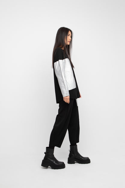 Ozai N Ku Black Contrast Sleeve Silver Panel Top