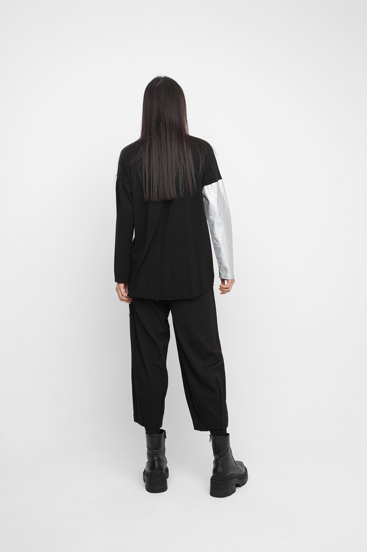 Ozai N Ku Black Contrast Sleeve Silver Panel Top