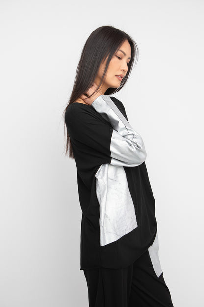 Ozai N Ku Black Contrast Sleeve Silver Panel Top