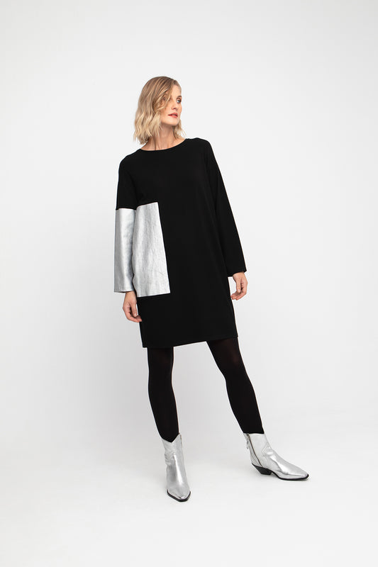 Ozai N Ku Black Contrast Sleeve Dress with Silver Panel