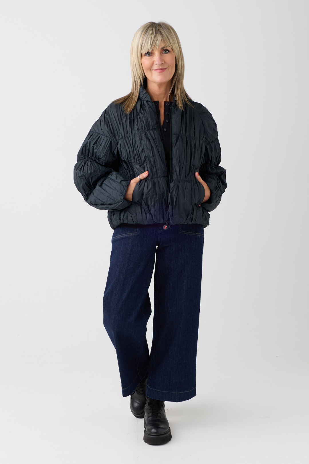 FF Off Black Faux Down Gathered Jacket