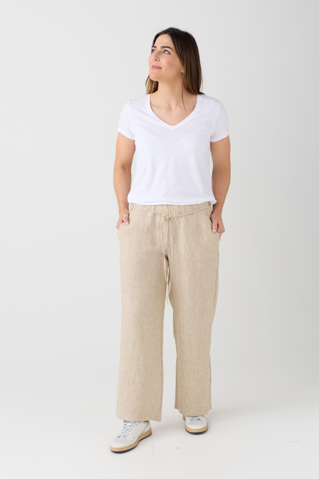 Mac Chiara Belt Almond Beige Linen Trouser