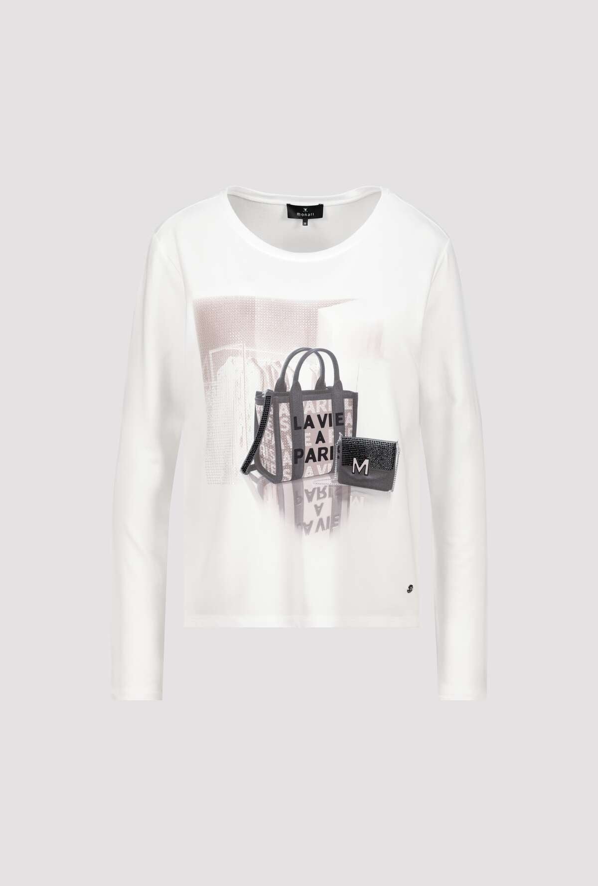 Monari Off-White Print/Rhinestone LS Top