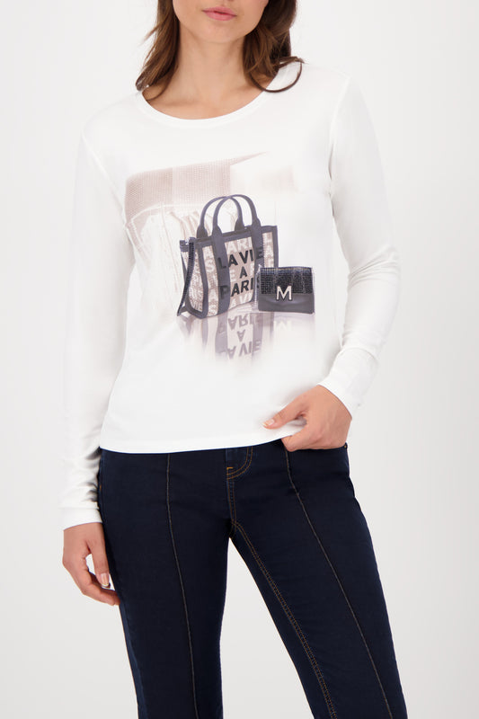 Monari Off-White Print/Rhinestone LS Top