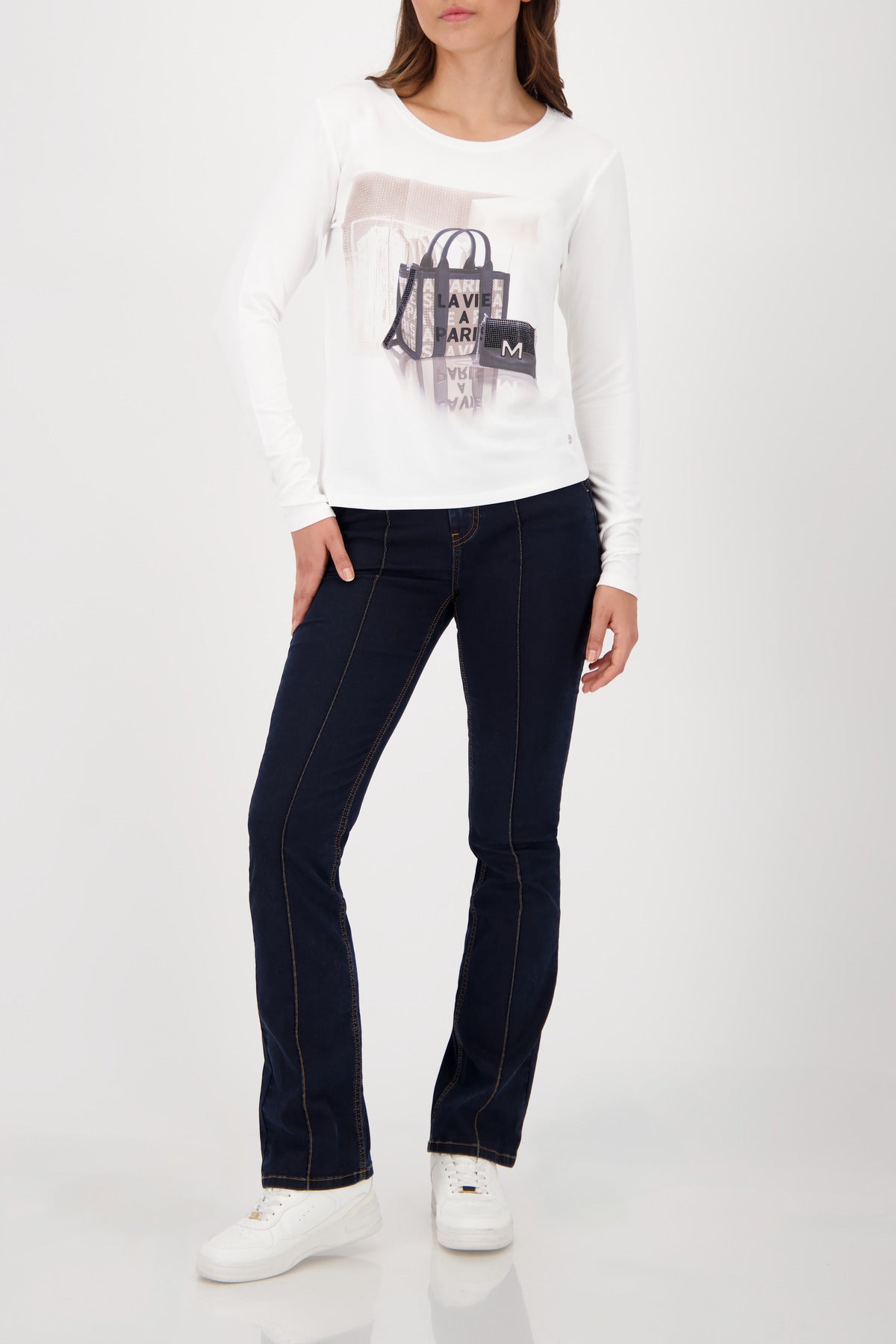 Monari Off-White Print/Rhinestone LS Top