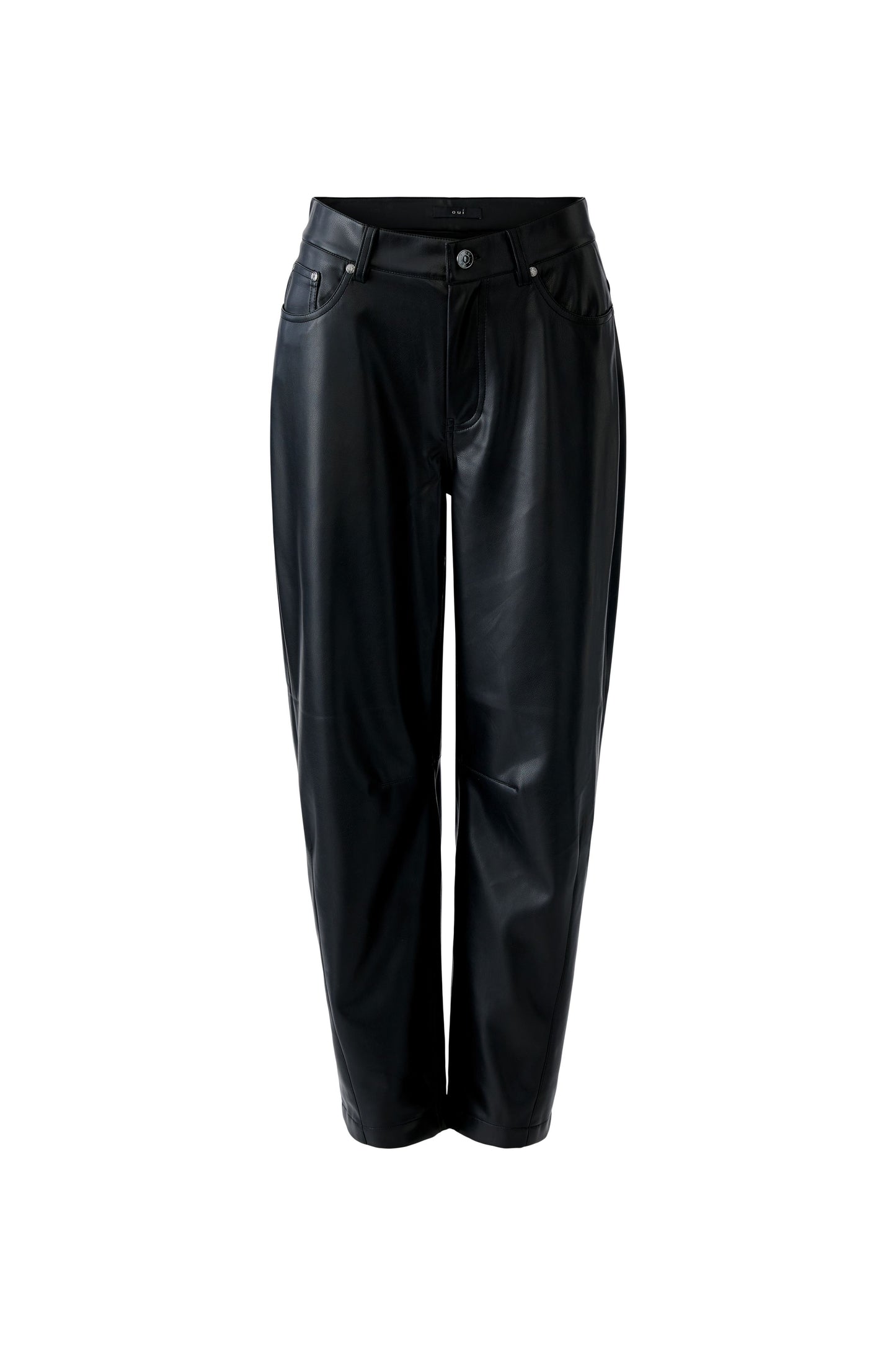 Oui Black Leather Look Barrel Trousers