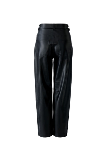Oui Black Leather Look Barrel Trousers