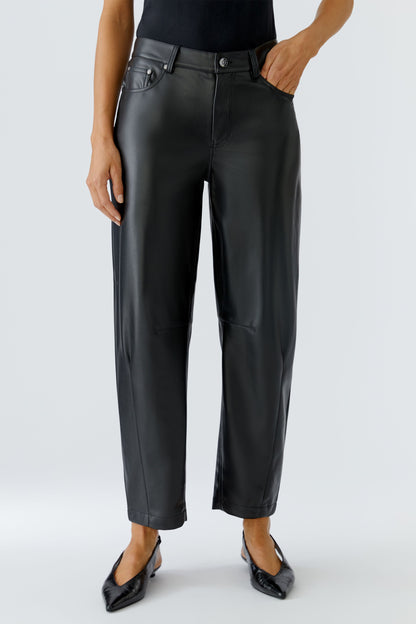 Oui Black Leather Look Barrel Trousers