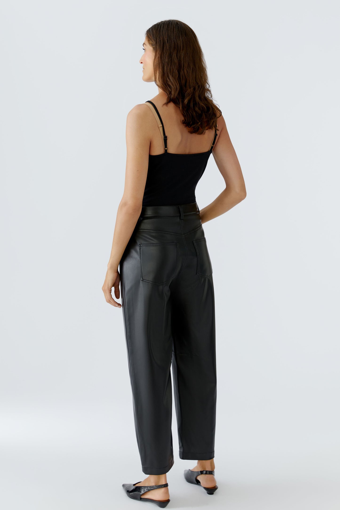 Oui Black Leather Look Barrel Trousers