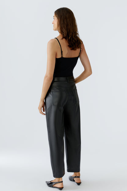 Oui Black Leather Look Barrel Trousers