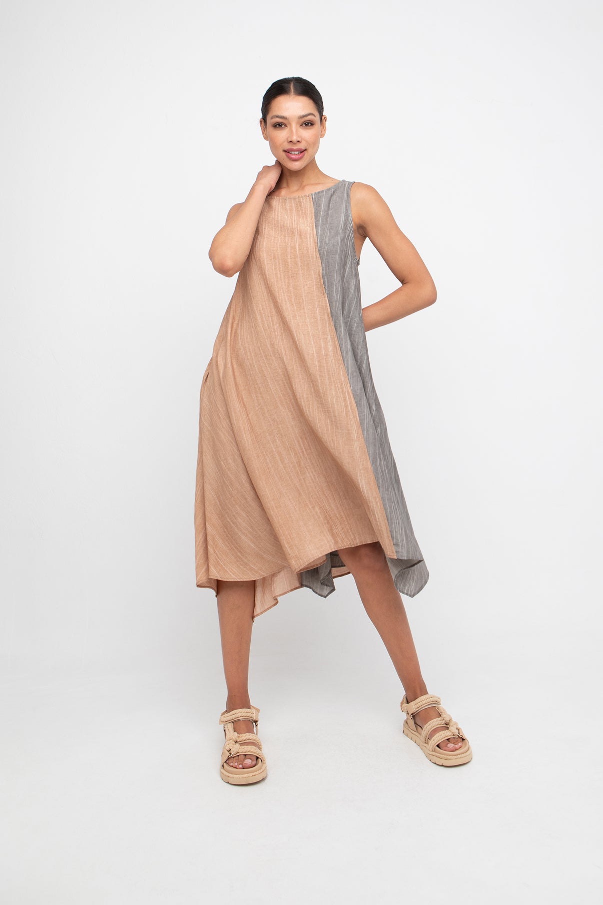 Ozai n Ku Taupe/Caramel Crinkle Dress