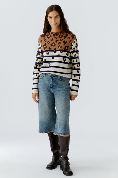 Oui Off White/Camel Animal/Stripped Jumper