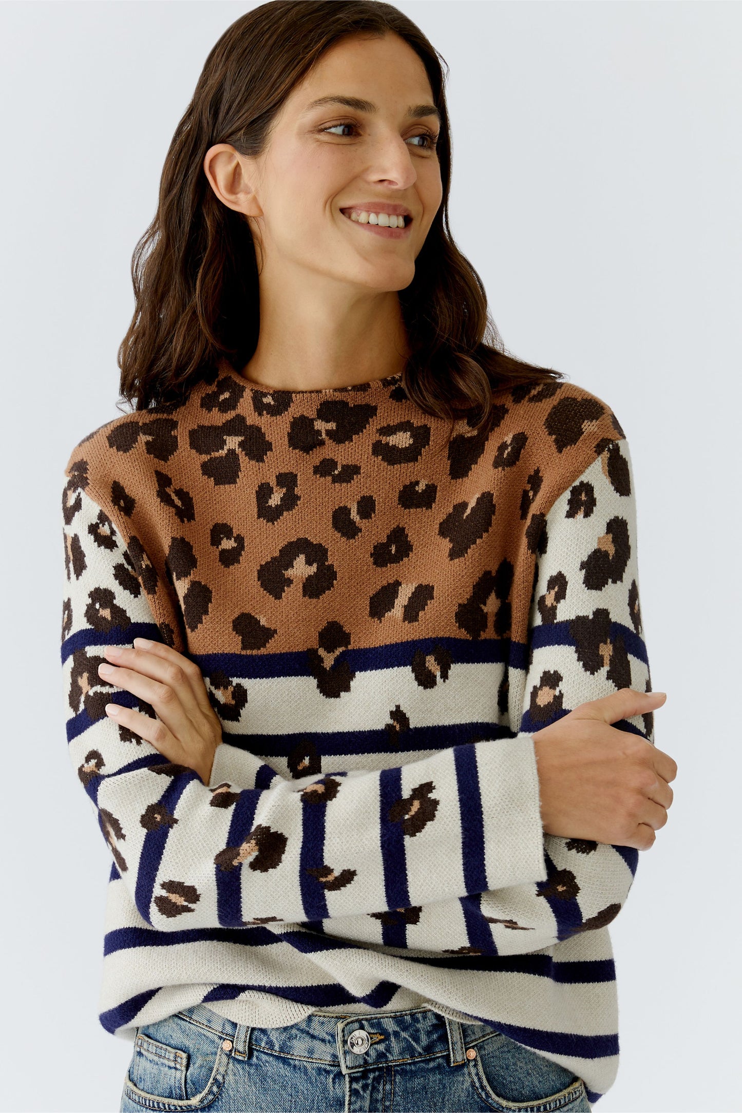 Oui Off White/Camel Animal/Stripped Jumper