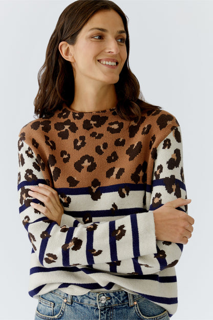 Oui Off White/Camel Animal/Stripped Jumper