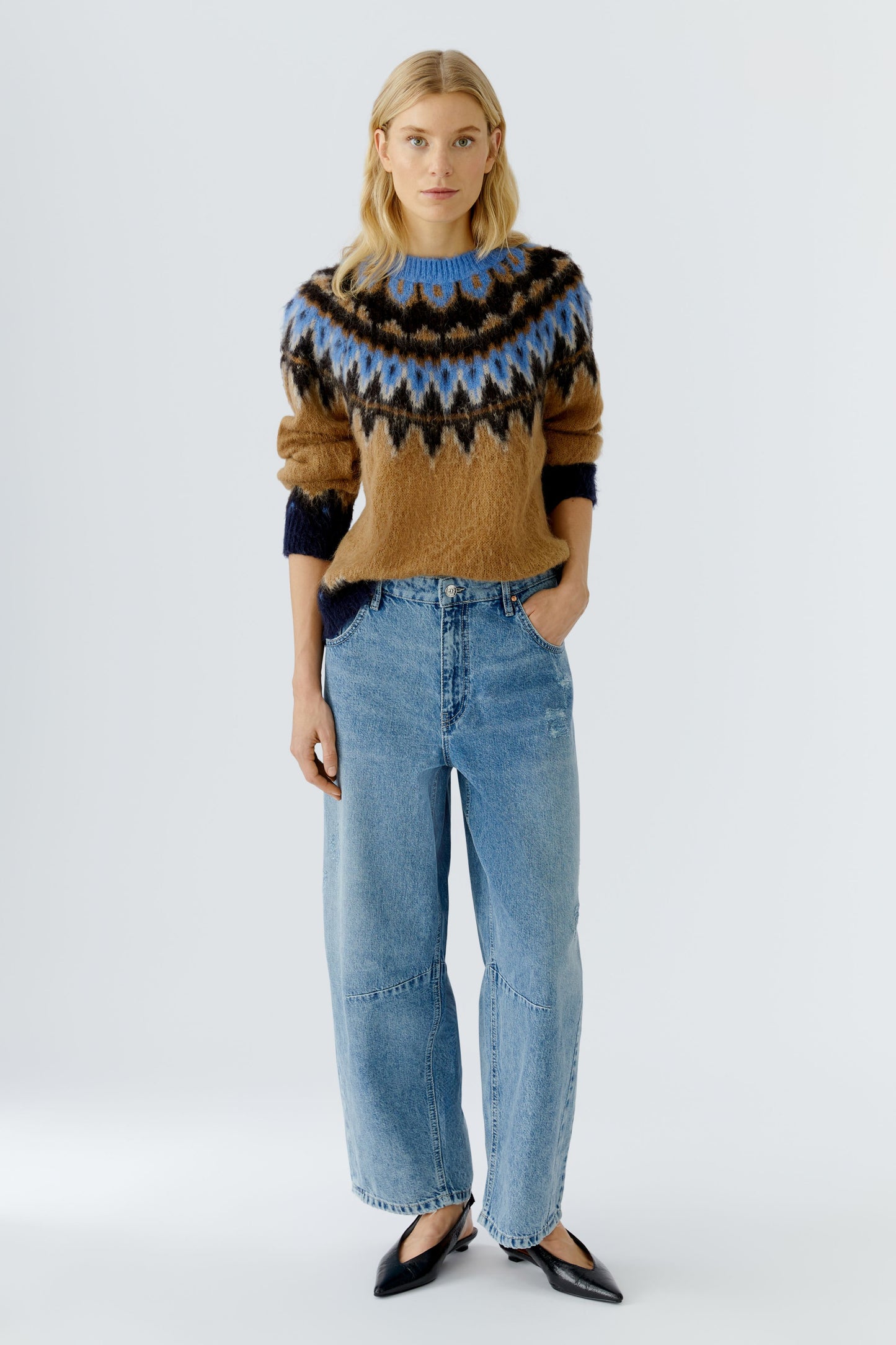 Oui Dark Camel/Blue Pattern Jumper
