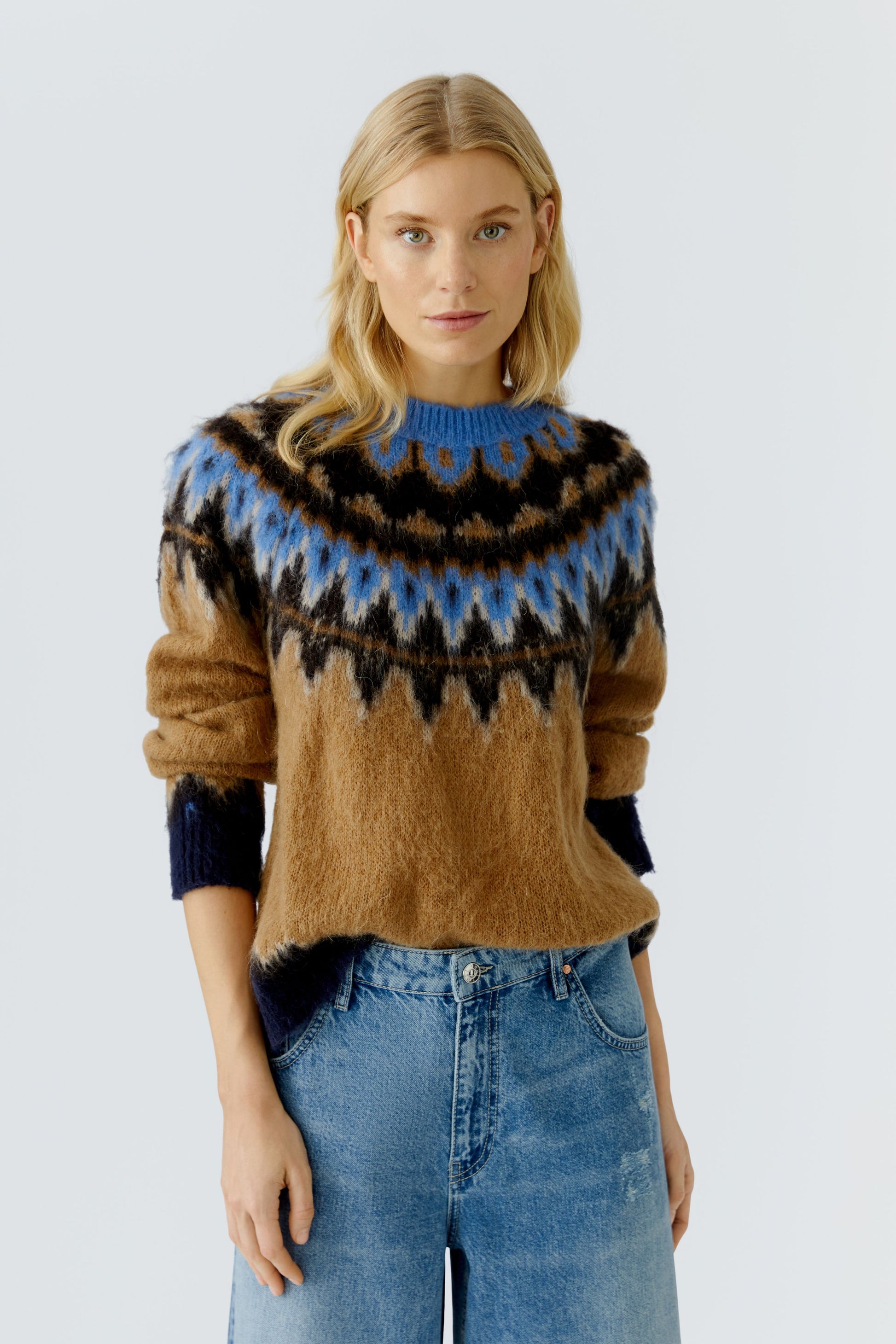Camel Oui Jumpers Sale Oui Dark Camel/Blue Pattern Jumper – Jude