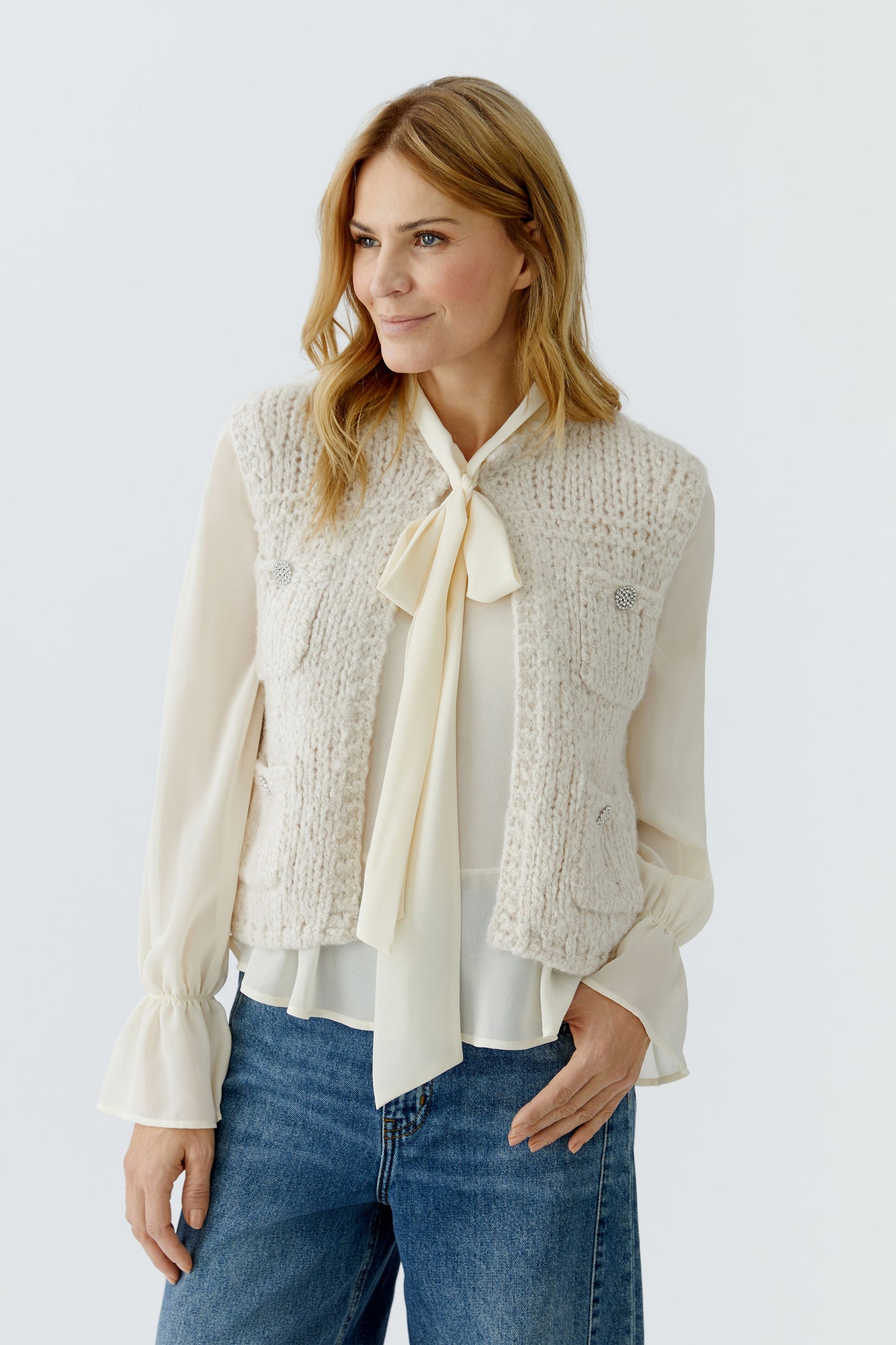 Oui Light Beige Melange Knitted Waistcoat