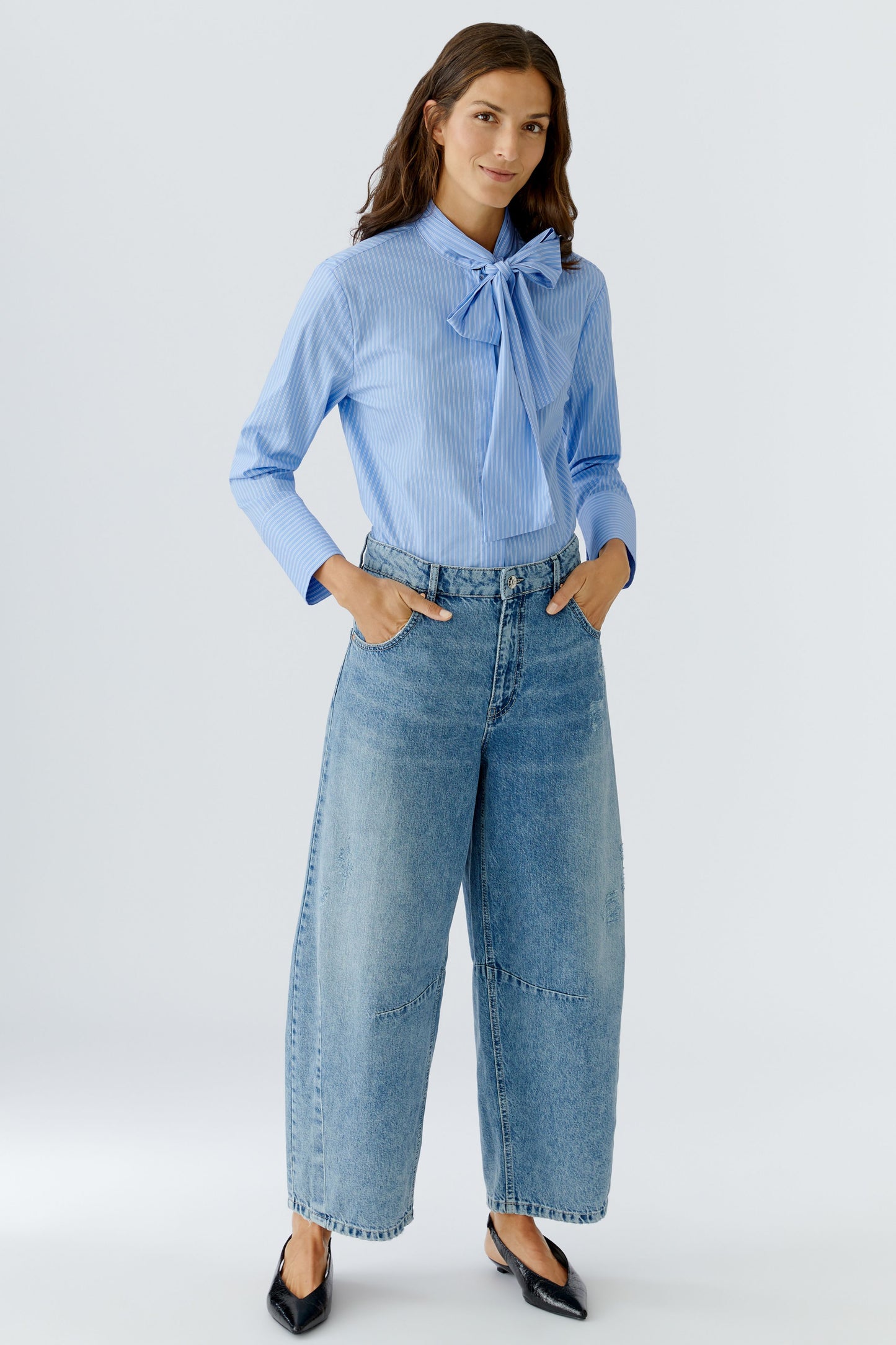 Oui Blue/White Stripe Pussy Bow Blouse