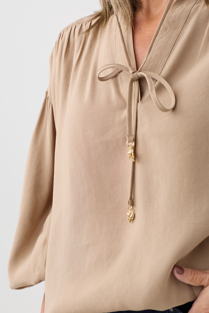 Milano Toffee Volume Sleeve/Tie Neck Blouse