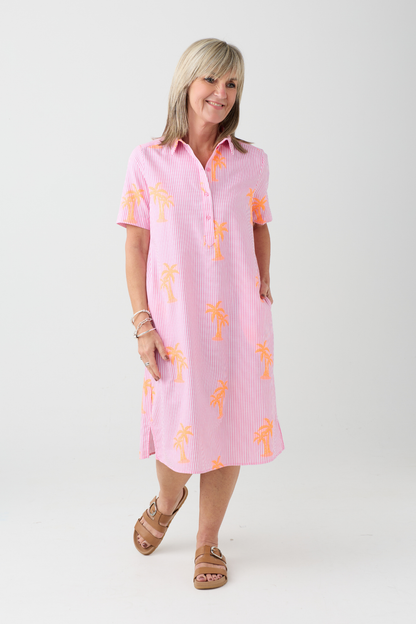 Milano Pink Stripe/ Neon Palm Tree Shirt Dress