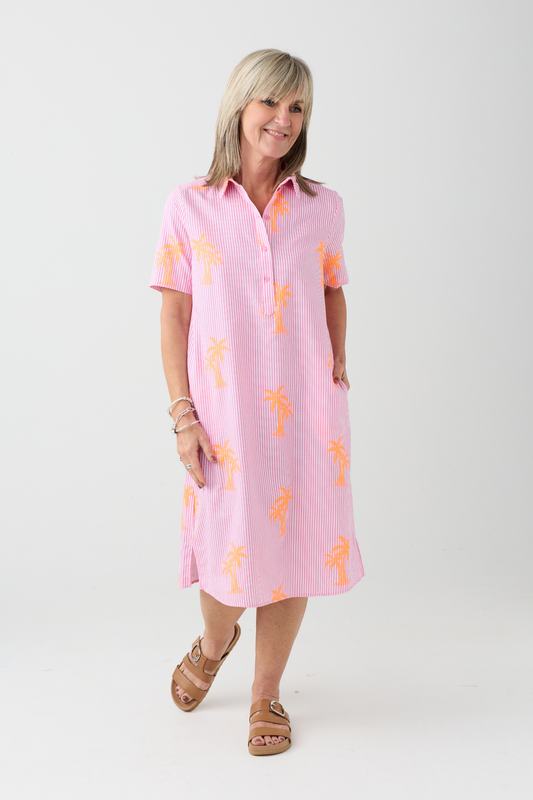 Milano Pink Stripe/ Neon Palm Tree Shirt Dress
