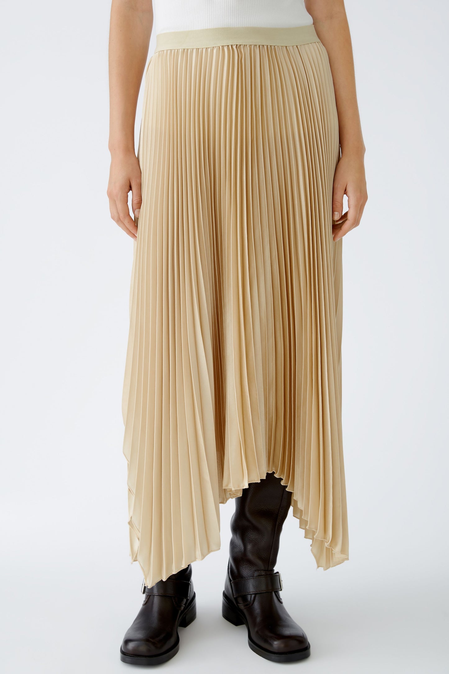 Oui Soft Gold Pleated Midi Skirt with Asymmetric Hem