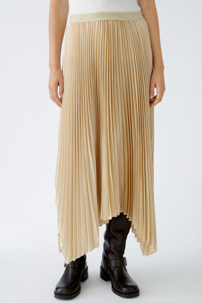 Oui Soft Gold Pleated Midi Skirt with Asymmetric Hem