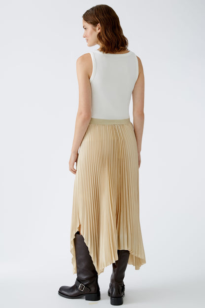 Oui Soft Gold Pleated Midi Skirt with Asymmetric Hem