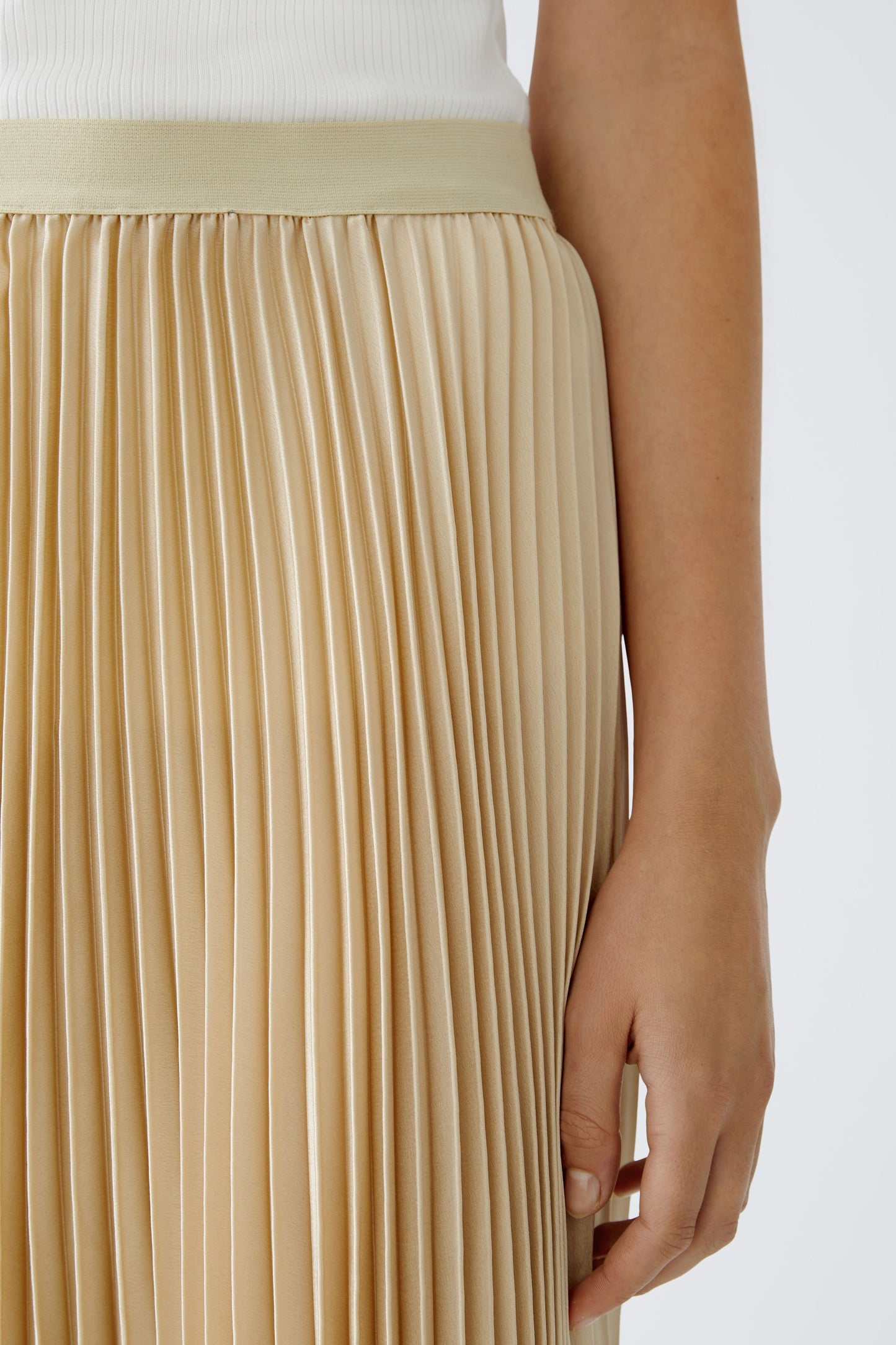 Oui Soft Gold Pleated Midi Skirt with Asymmetric Hem