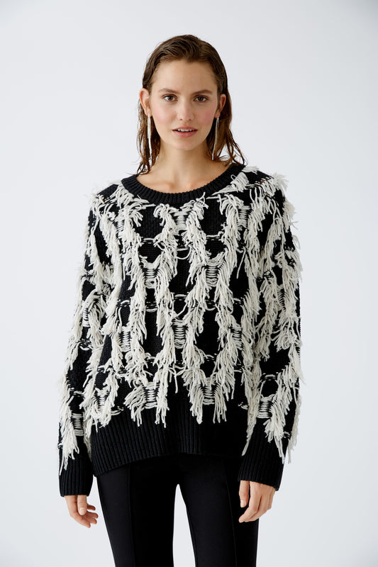 Oui Black Jumper with Off White Fringing