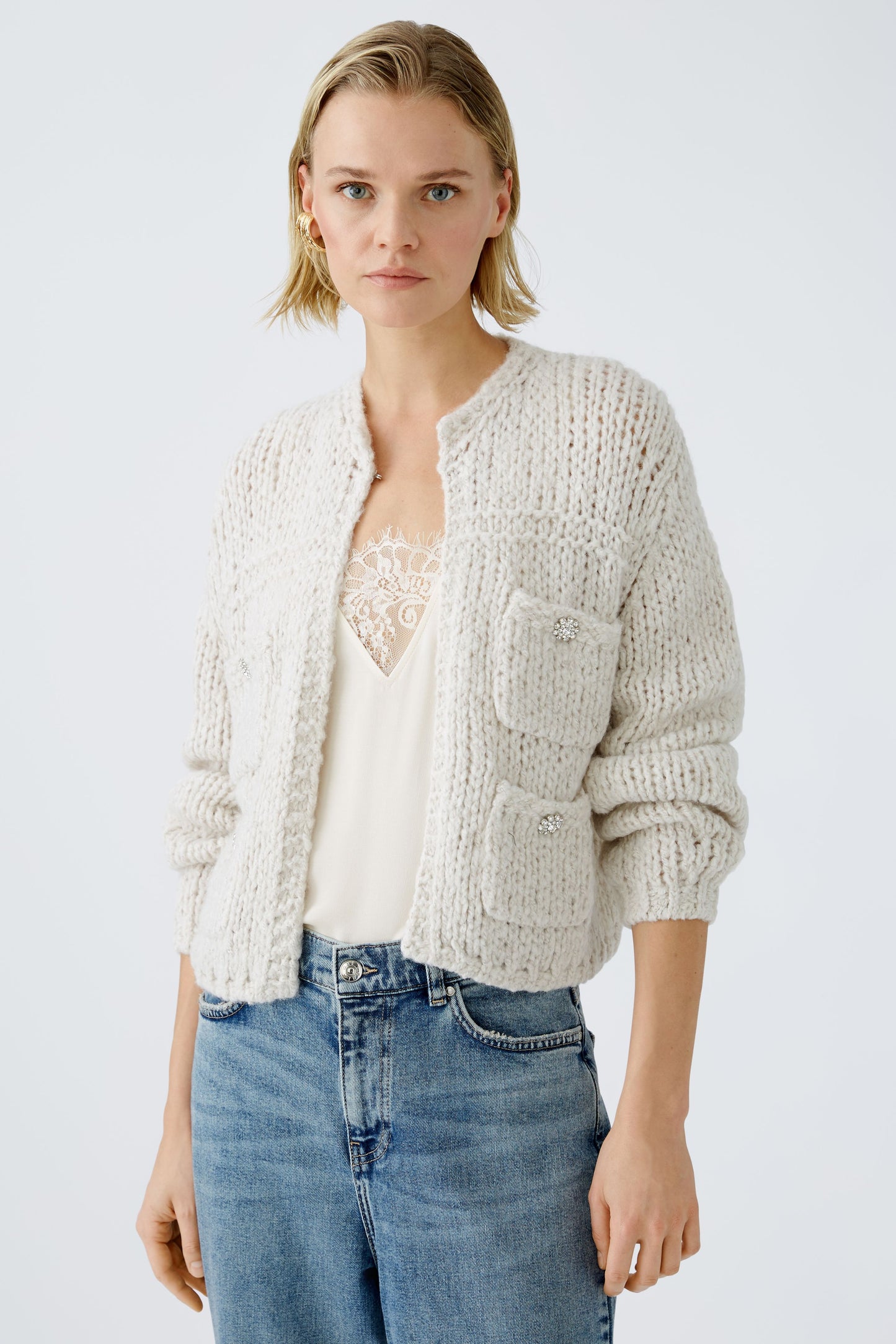 Oui Light Beige Melange Cardigan /Crystal Buttons