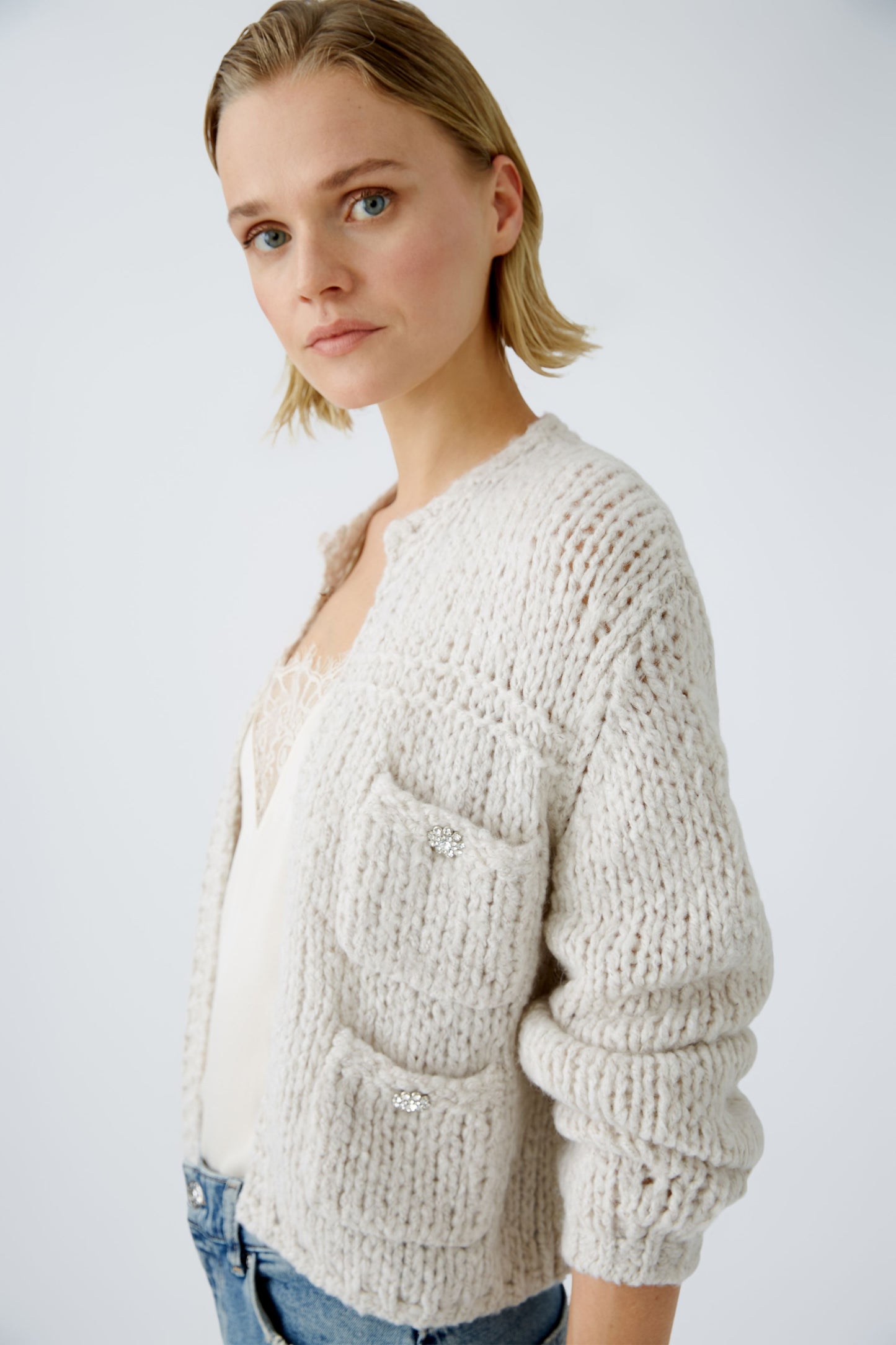 Oui Light Beige Melange Cardigan /Crystal Buttons