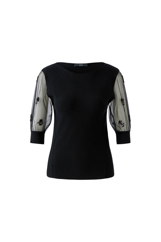 Oui Black Sheer Embellished Sleeve Jumper