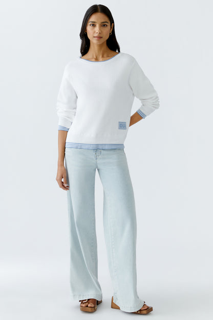 Oui White/Blue Layered Hem Jumper