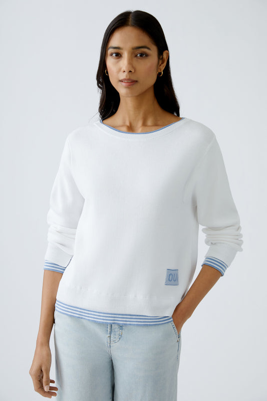 Oui White/Blue Layered Hem Jumper