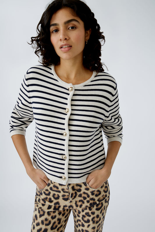 Oui White/Blue Stripe Cropped Cardigan