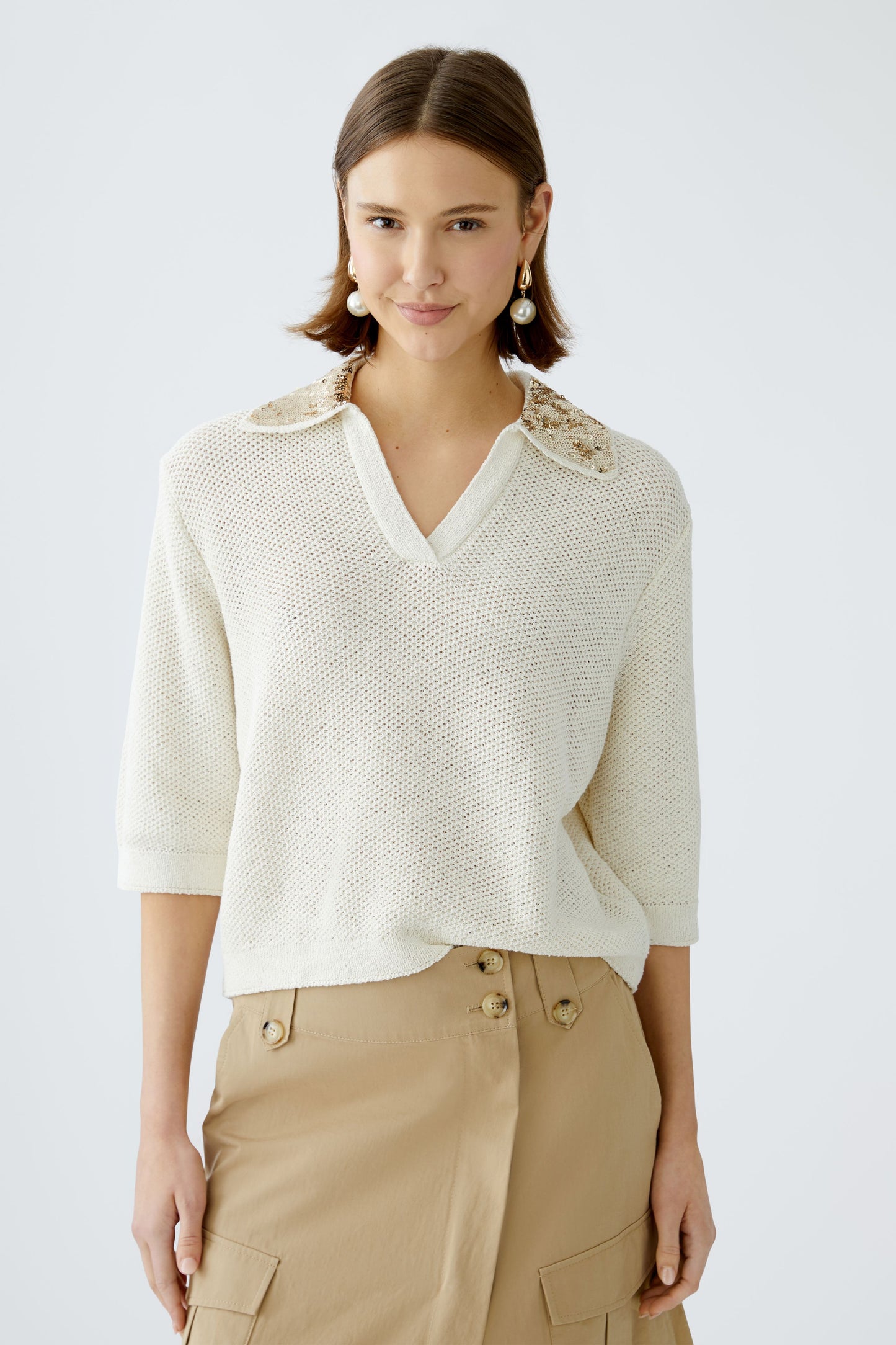 Oui Pristine Sequinned Collar Jumper