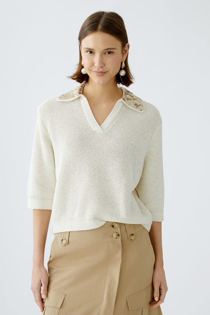 Oui Pristine Sequinned Collar Jumper